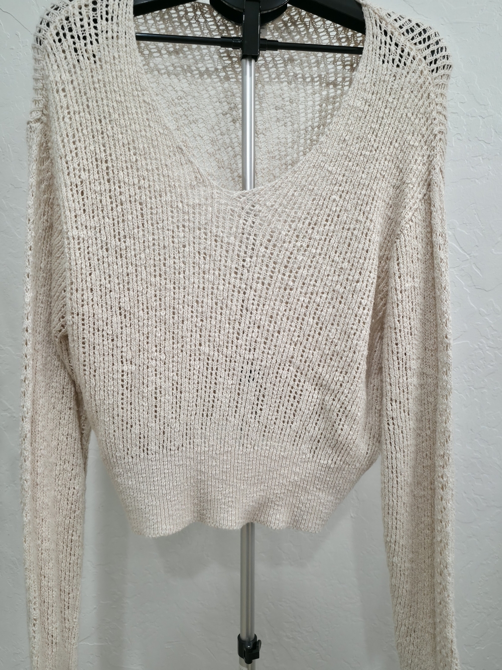 Light Cream Open-Knit V-Neck Women's Sweater